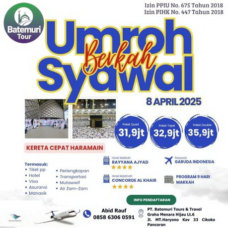 Paket Umroh Berkah Syawal ,Kereta Cepat ,  Btt - Attaqwa, 9 hari, Keberangkatan 8 April 2025 